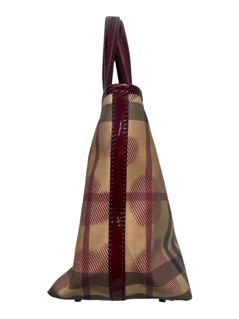 Burberry Beige Plaid Tote with Burgundy Patent Trim - Picture 2 of 5